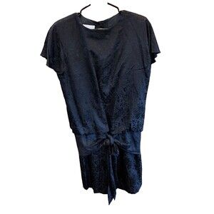 Silk Studio Vintage Black Dress Women 14 Shoulder Pads Tie Waist Short Sleeve
